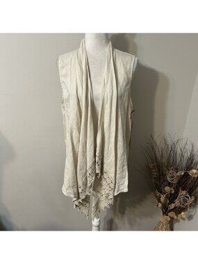 NWT Ruby Rd 100% Linen Women Beige Open Draped Front Cardigan Crochet Hem Size M
